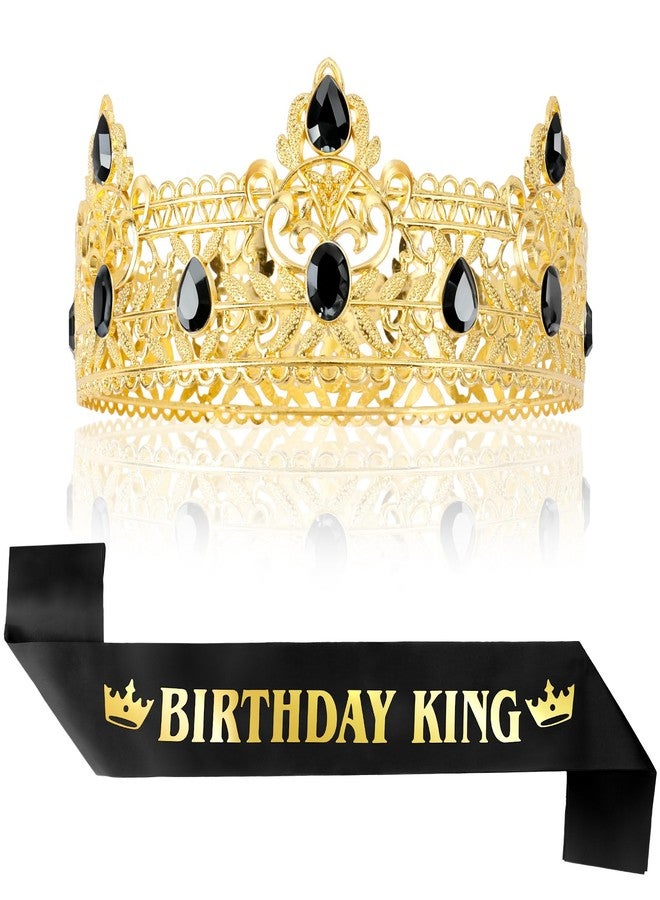 UlZDVUli Birthday King Crown, Birthday King Headband Tiara Sash Accessories Set for Men, Gold Black Crown Sash Decorations Party Favors for Boy - Image 1